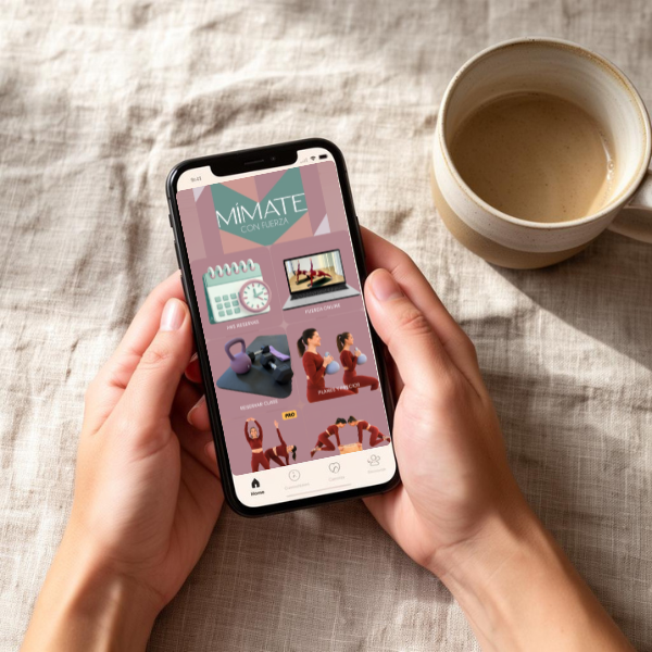 App MÍMATE en el móvil con una taza de café
